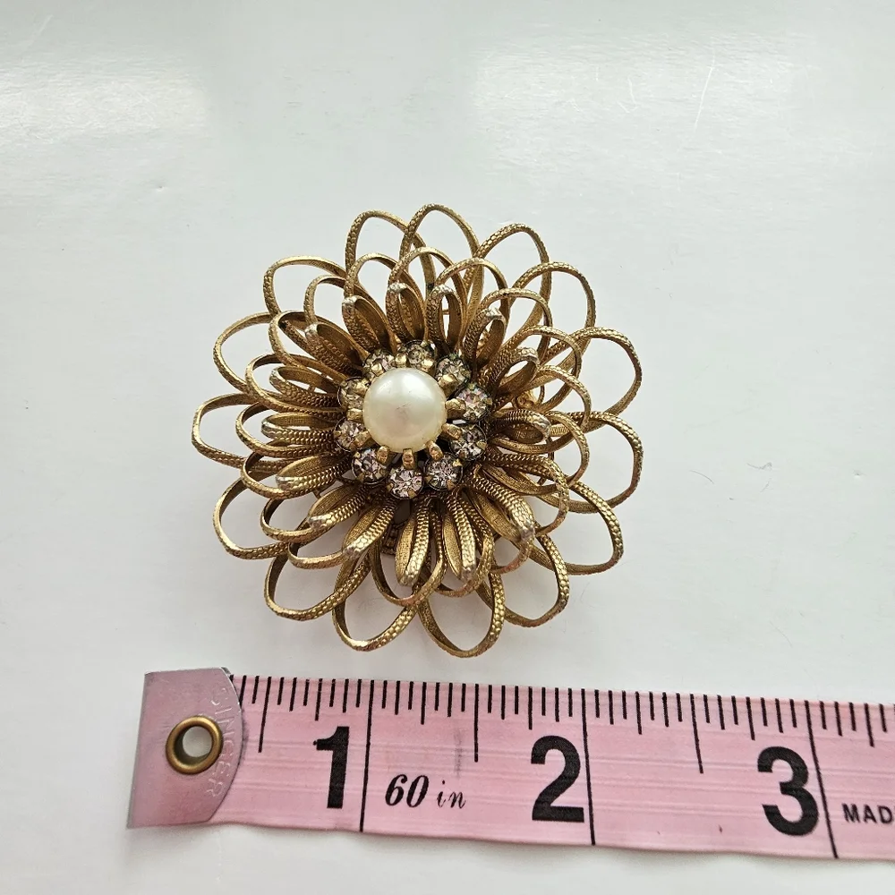 Vintage 3D Layered Gold Wire Flower Brooch, Faux Pearl & Rhinestone Sunburst